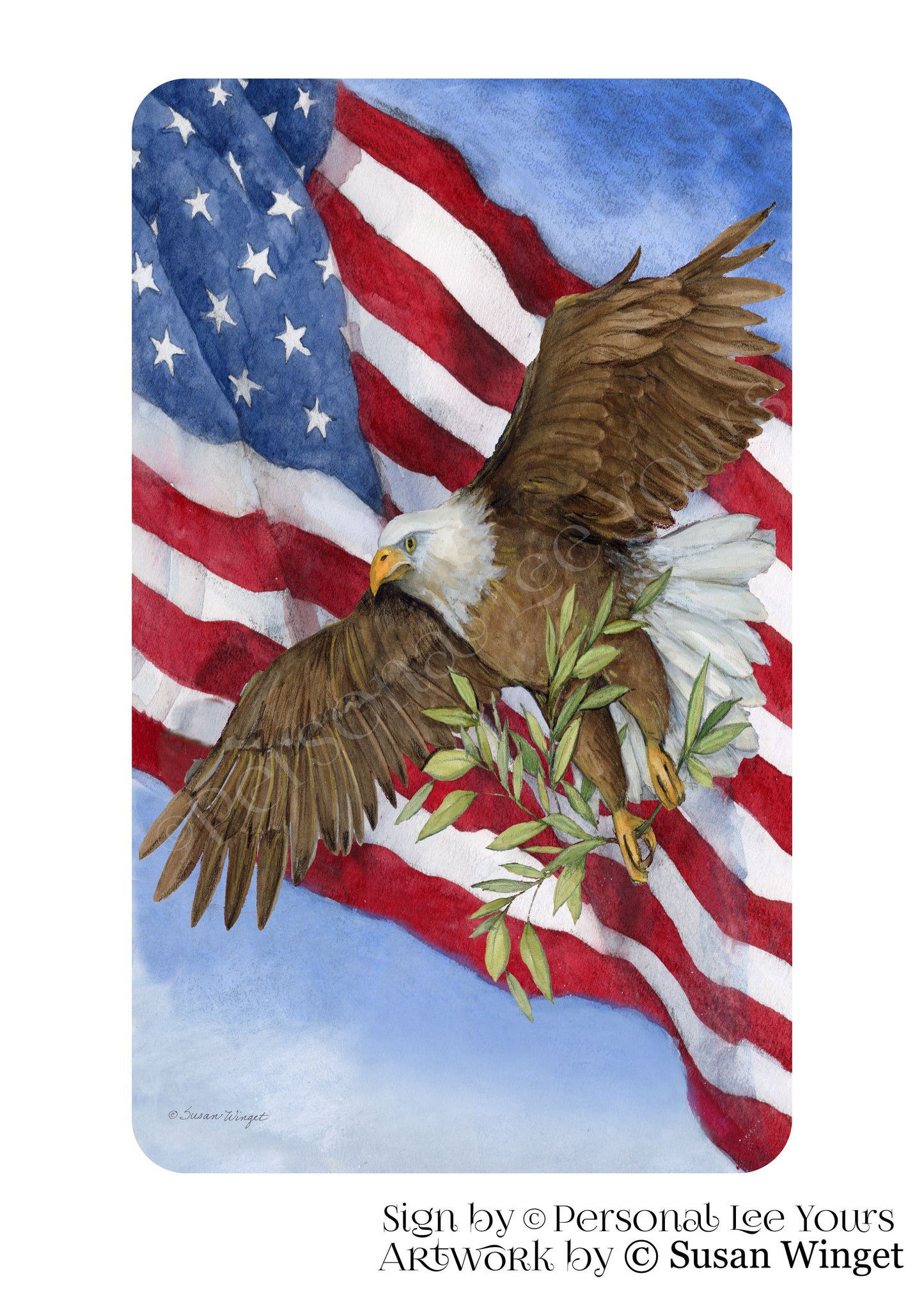 Susan Winget Exclusive Sign * America Eagle with Flag * Vertical * 4 Sizes * Lightweight Metal