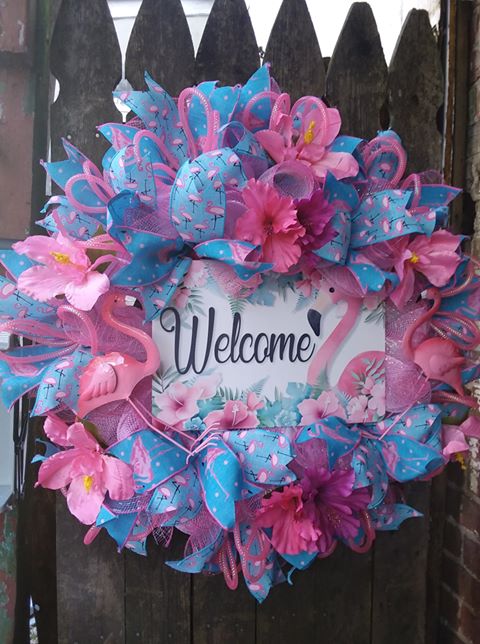 Metal Wreath Sign * Flamingo Welcome * 3 Sizes * Lightweight