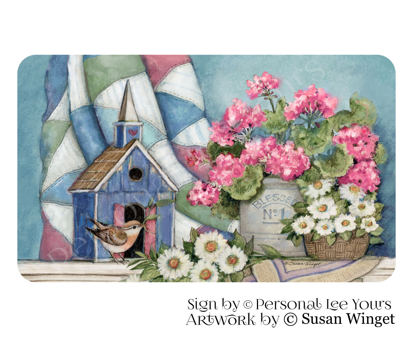 Susan Winget Exclusive Sign * Birdhouse And The Pink Geraniums * 3 Sizes * Lightweight Metal