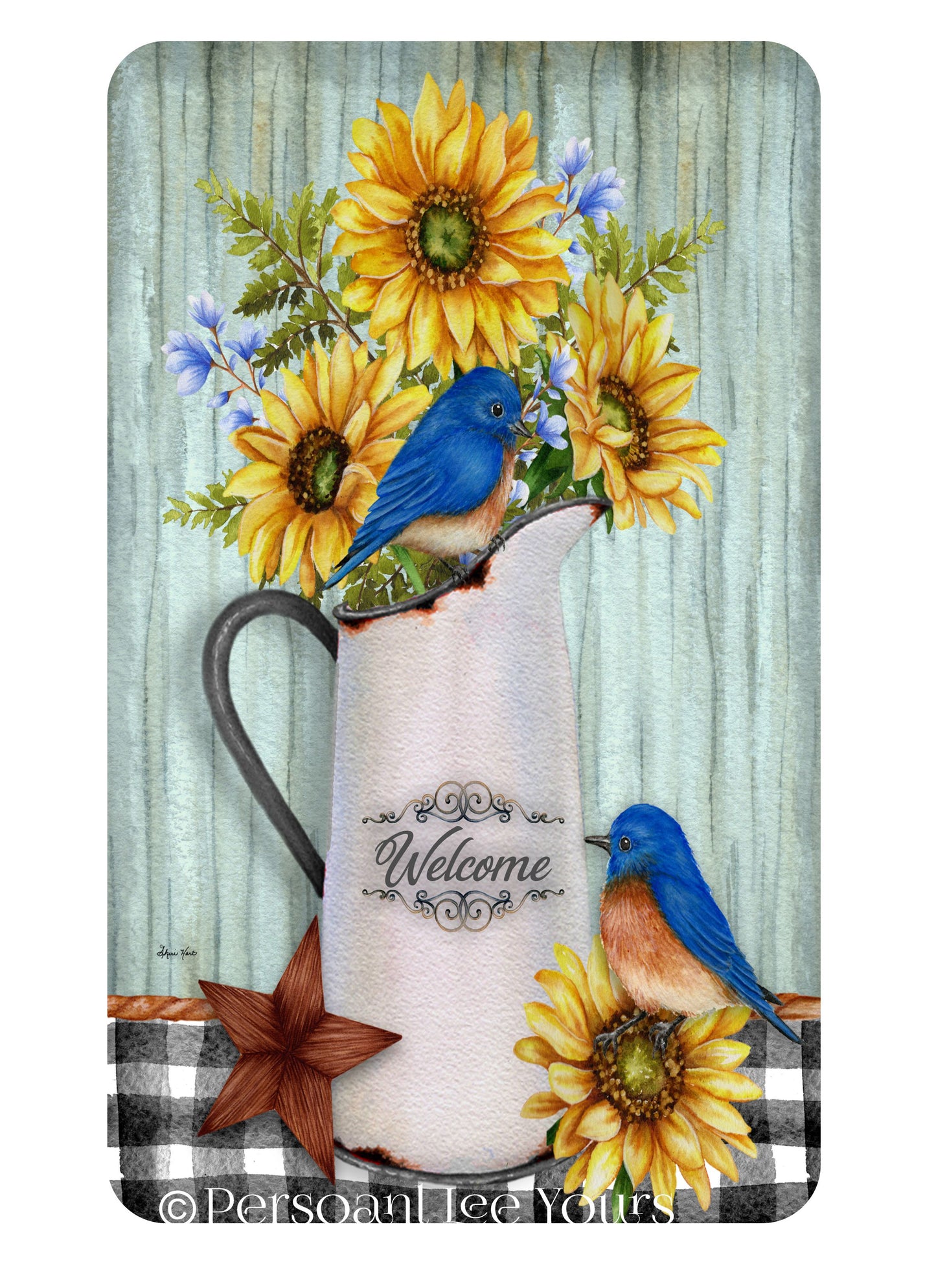 Wreath Sign * Bluebirds and Sunflower Welcome * 4 Sizes * Lightweight Metal