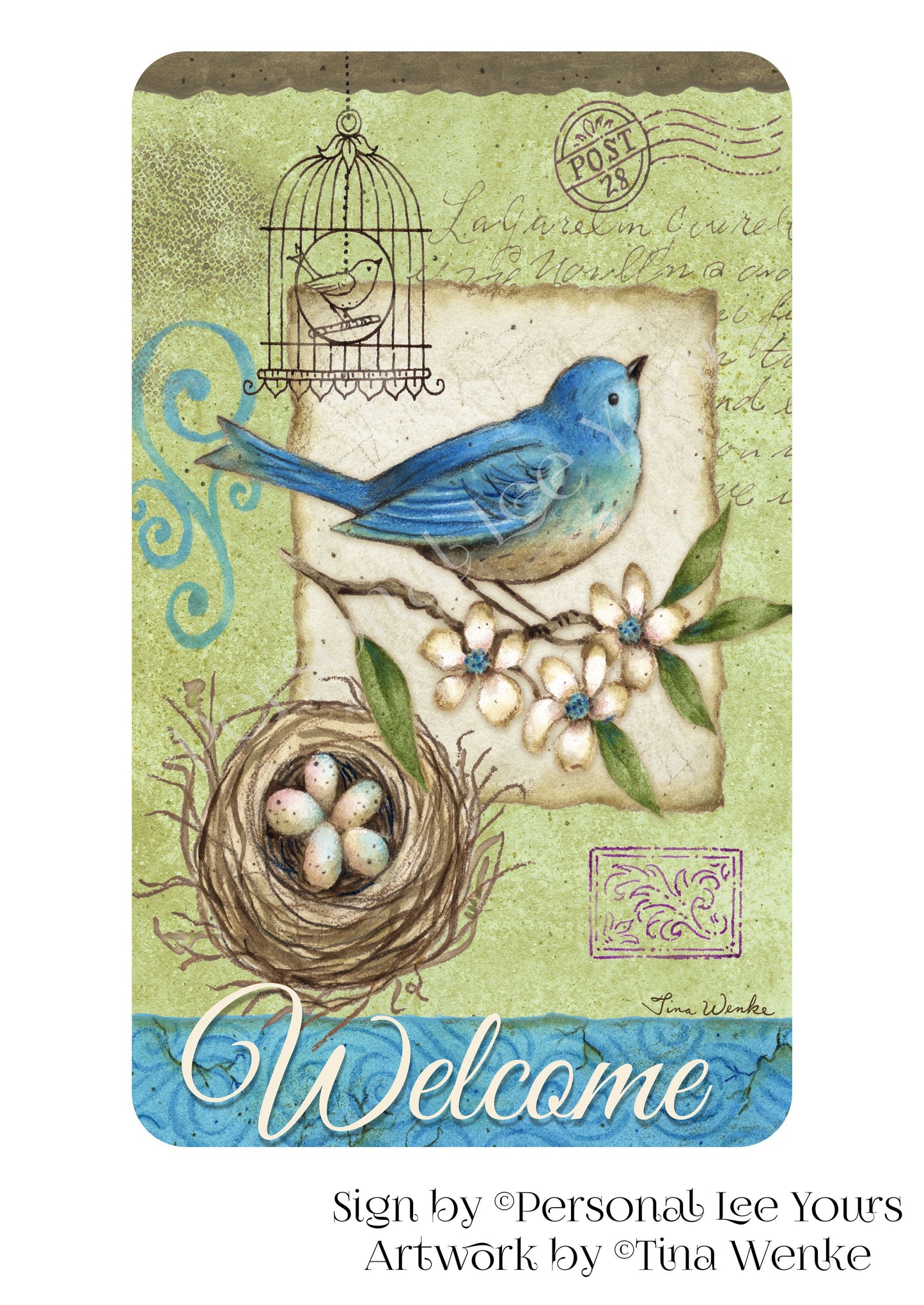 Tina Wenke Exclusive Sign * Bluebird Welcome * Vertical * 3 Sizes * Lightweight Metal