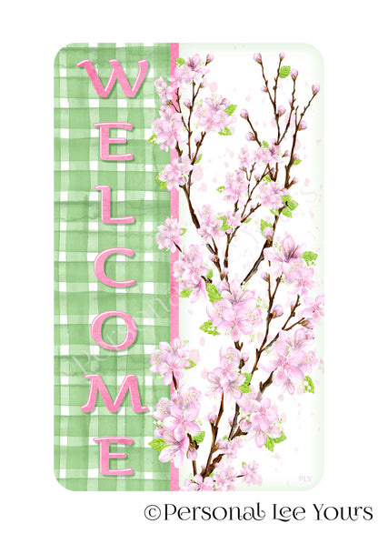 Wreath Sign * Cherry Blossom Welcome  * 4 Sizes * Vertical * Lightweight Metal