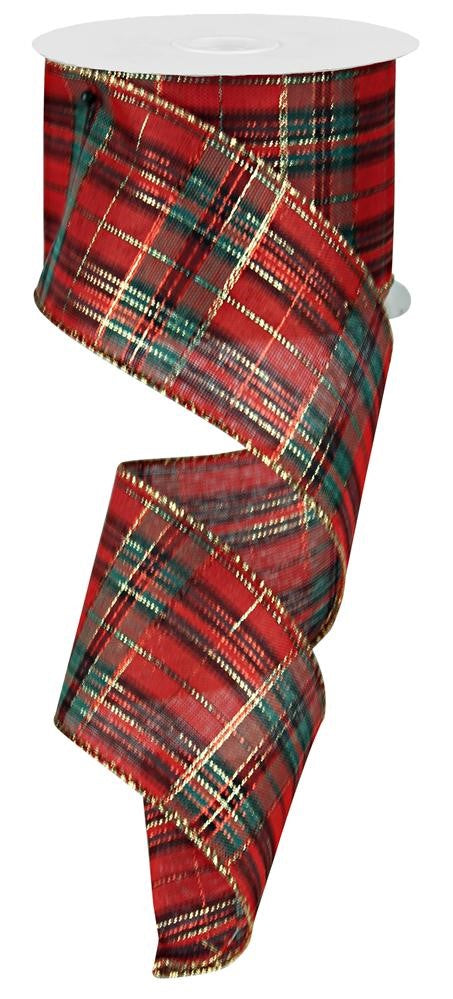 Wired Ribbon * Metallic Plaid Satin * Gold, Red, Green and Black * 2.5" x 10 Yards * CL9701