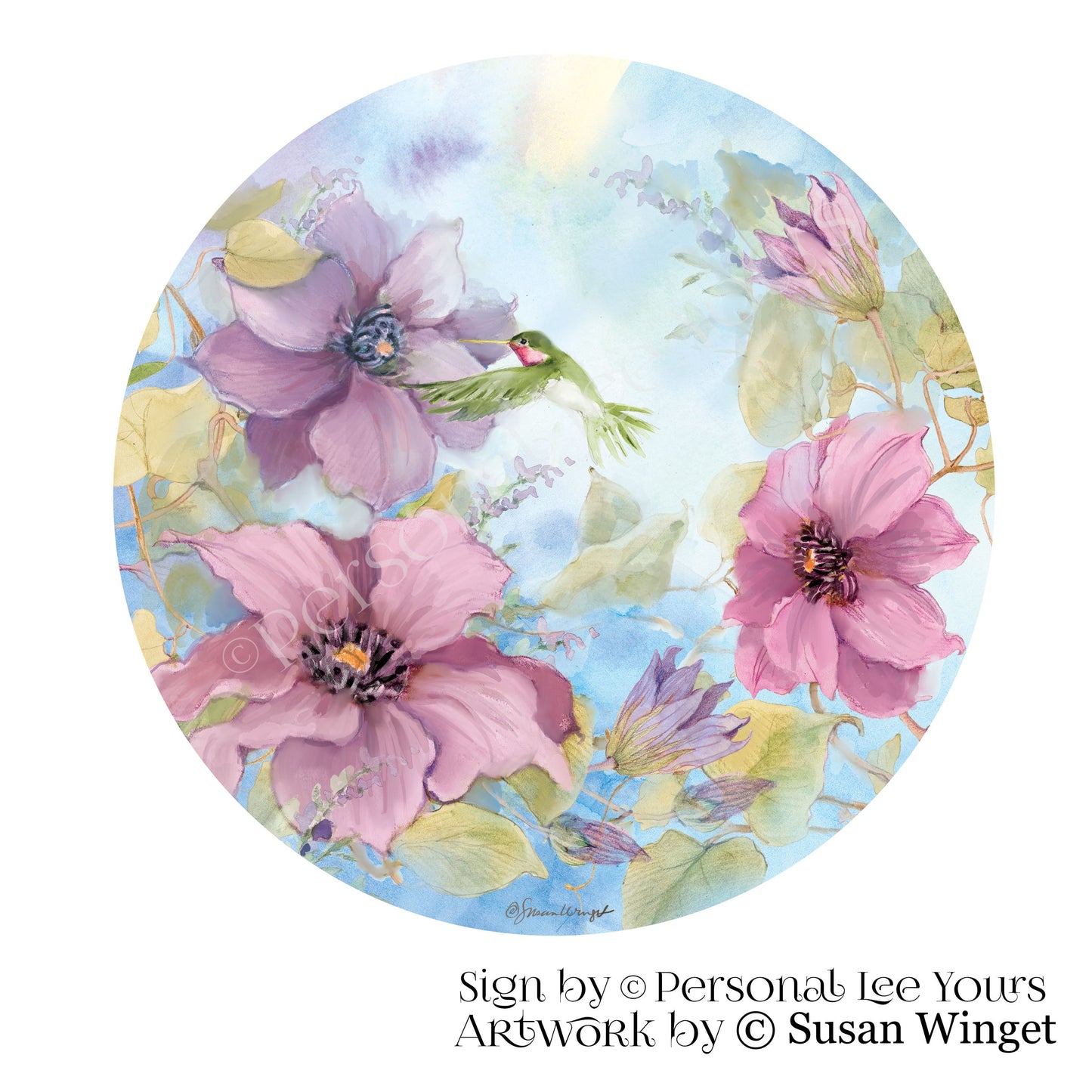 Susan Winget Exclusive Sign * Clematis And Friend * Hummingbird * Round * Lightweight Metal