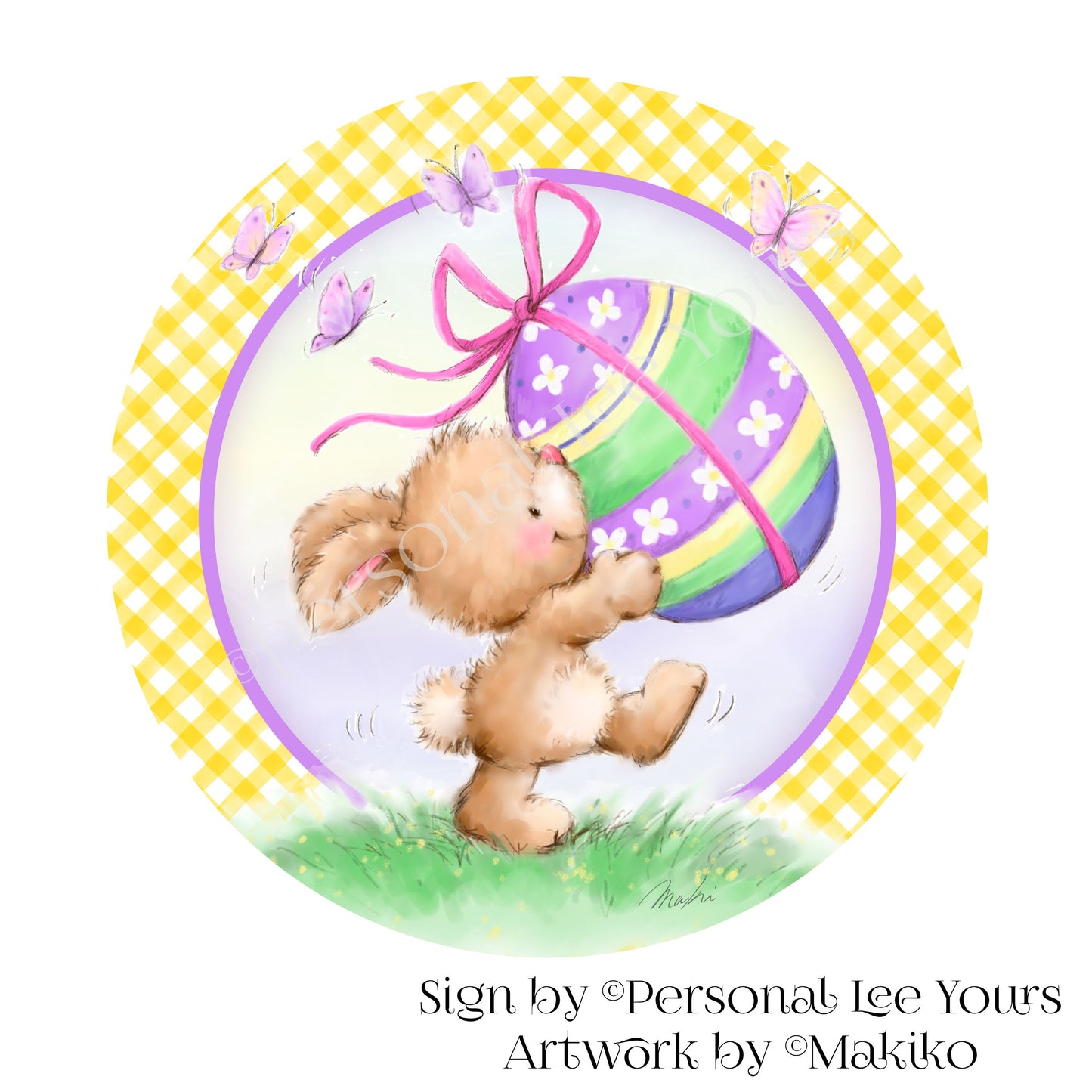 Makiko Exclusive Sign * Easter Bunny With Egg *  Round * Lightweight Metal