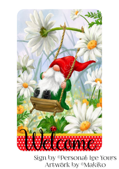 Makiko Exclusive Sign * Gnome Swinging In The Daisies * Vertical * 4 Sizes * Lightweight Metal