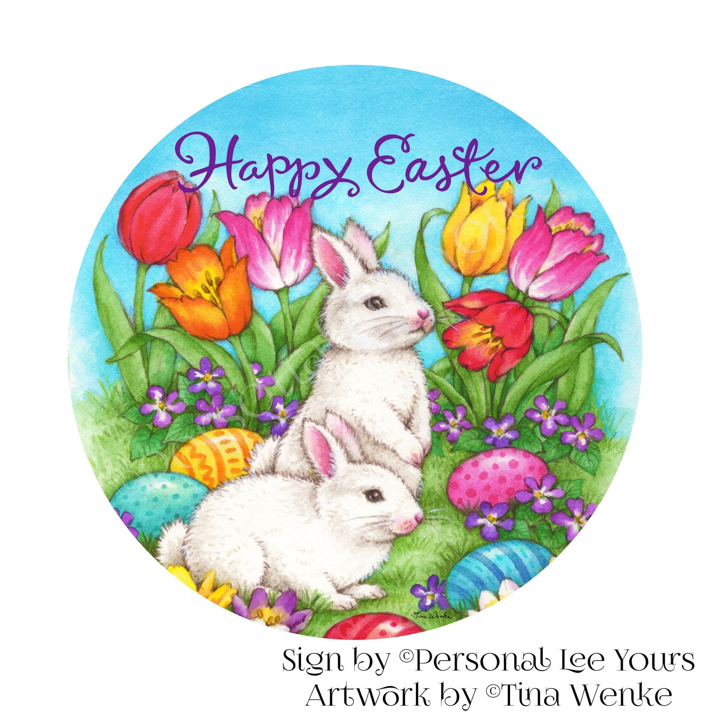 Tina Wenke Exclusive Sign * Happy Easter ~ Bunnies in the Garden * Round * Lightweight Metal