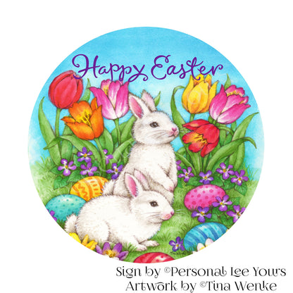 Tina Wenke Exclusive Sign * Happy Easter ~ Bunnies in the Garden * Round * Lightweight Metal