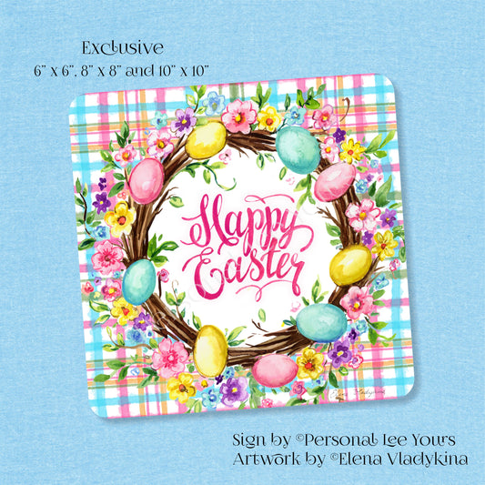 Elena Vladykina Exclusive Sign * Happy Easter Floral Wreath * Square * 3 Sizes * Lightweight Metal