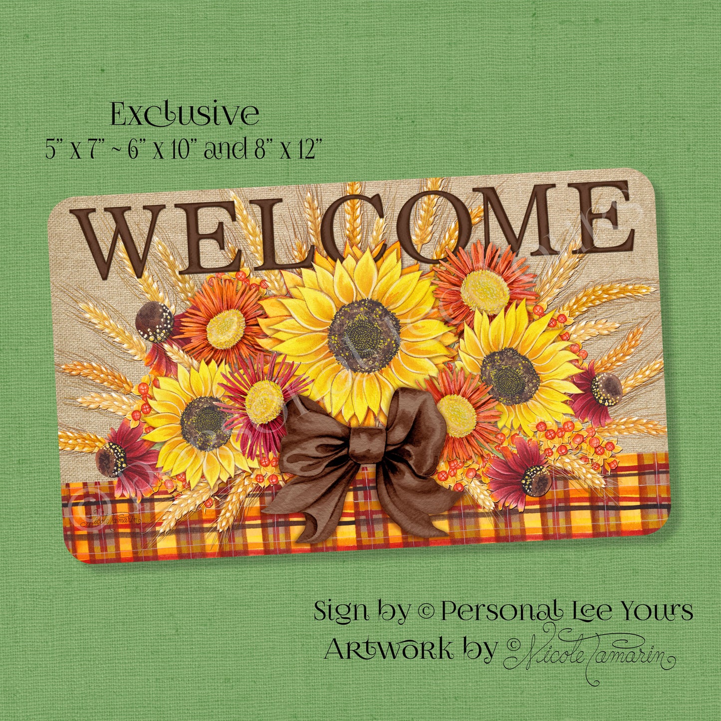 Nicole Tamarin Exclusive Sign * Autumn Sunflowers Welcome * Horizontal * 3 Sizes * Lightweight Metal