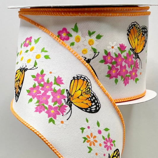 Wired Ribbon * Monarch Butterfly With Flowers *  White, Dk. Orange, Pink, Black and Green Canvas  * 2.5" x 10 Yards * RGE174927