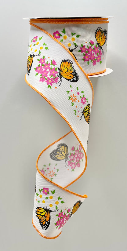 Wired Ribbon * Monarch Butterfly With Flowers *  White, Dk. Orange, Pink, Black and Green Canvas  * 2.5" x 10 Yards * RGE174927