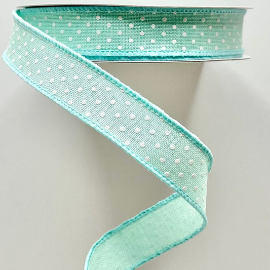 Wired Ribbon * Swiss Dot * Mint Green and White Canvas * 5/8" x 10 Yards * RGE1776AN