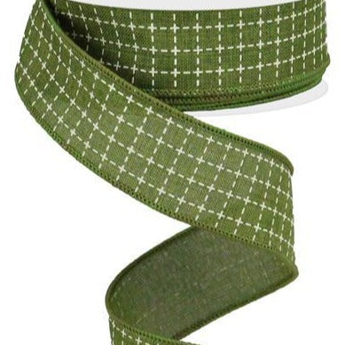 Wired Ribbon * Raised Stitched Squares * Moss and Cream * 1.5" x 10 Yards * Canvas * RGA104436