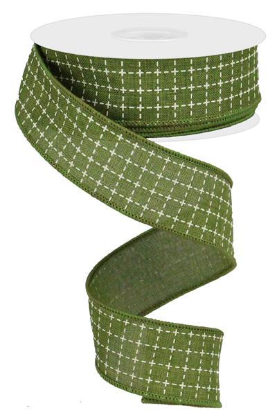 Wired Ribbon * Raised Stitched Squares * Moss and Cream * 1.5" x 10 Yards * Canvas * RGA104436