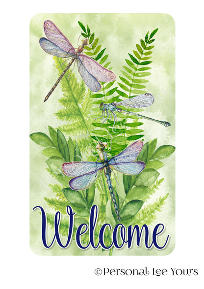 Wreath Sign * Lucky Dragonflies Welcome  * 4 Sizes * Vertical * Lightweight Metal