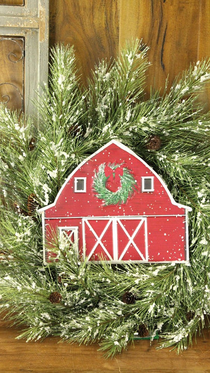 Wreath Accent * Red Winter Barn * Embossed Metal * 12" W  x 9.75" W * Lightweight