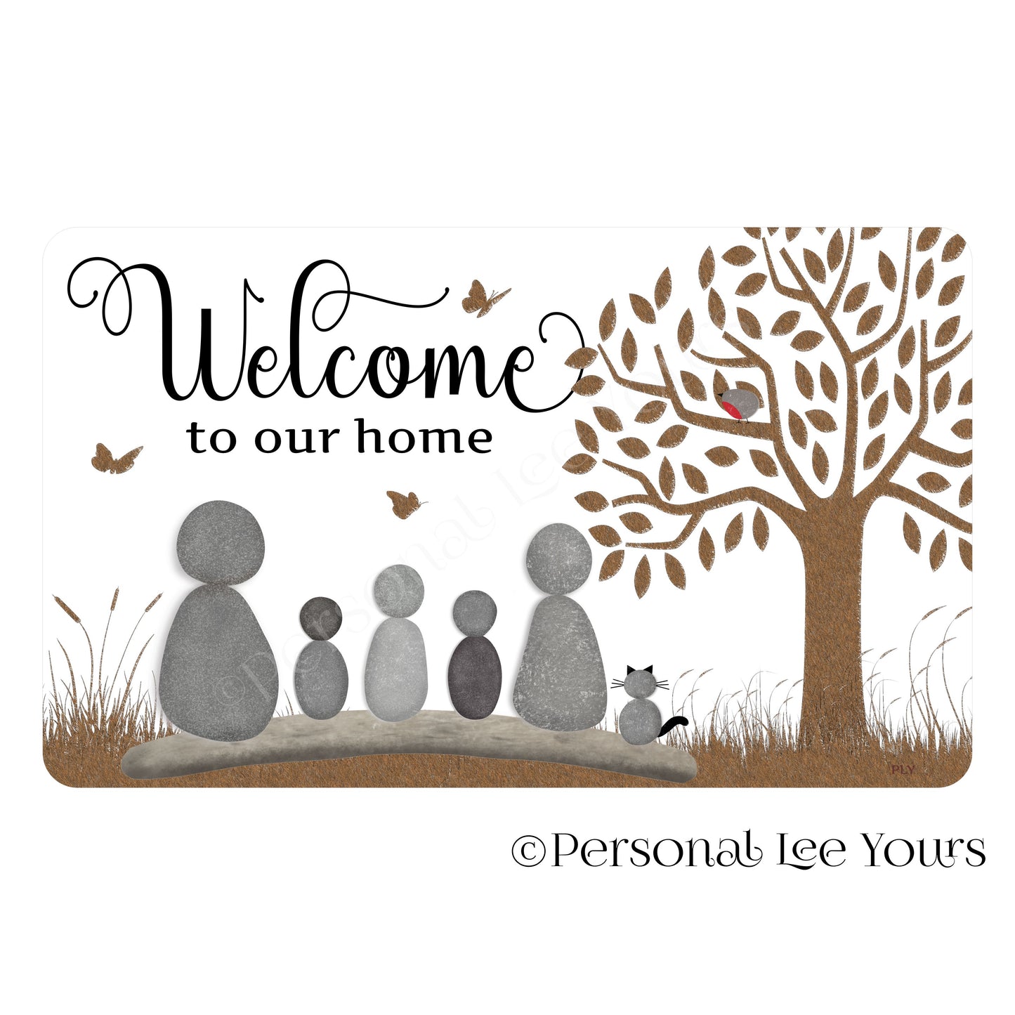 Welcome To Our Home Wreath Sign * Pebble Family of 5 with Cat * Horizontal * 3 Sizes * Lightweight Metal