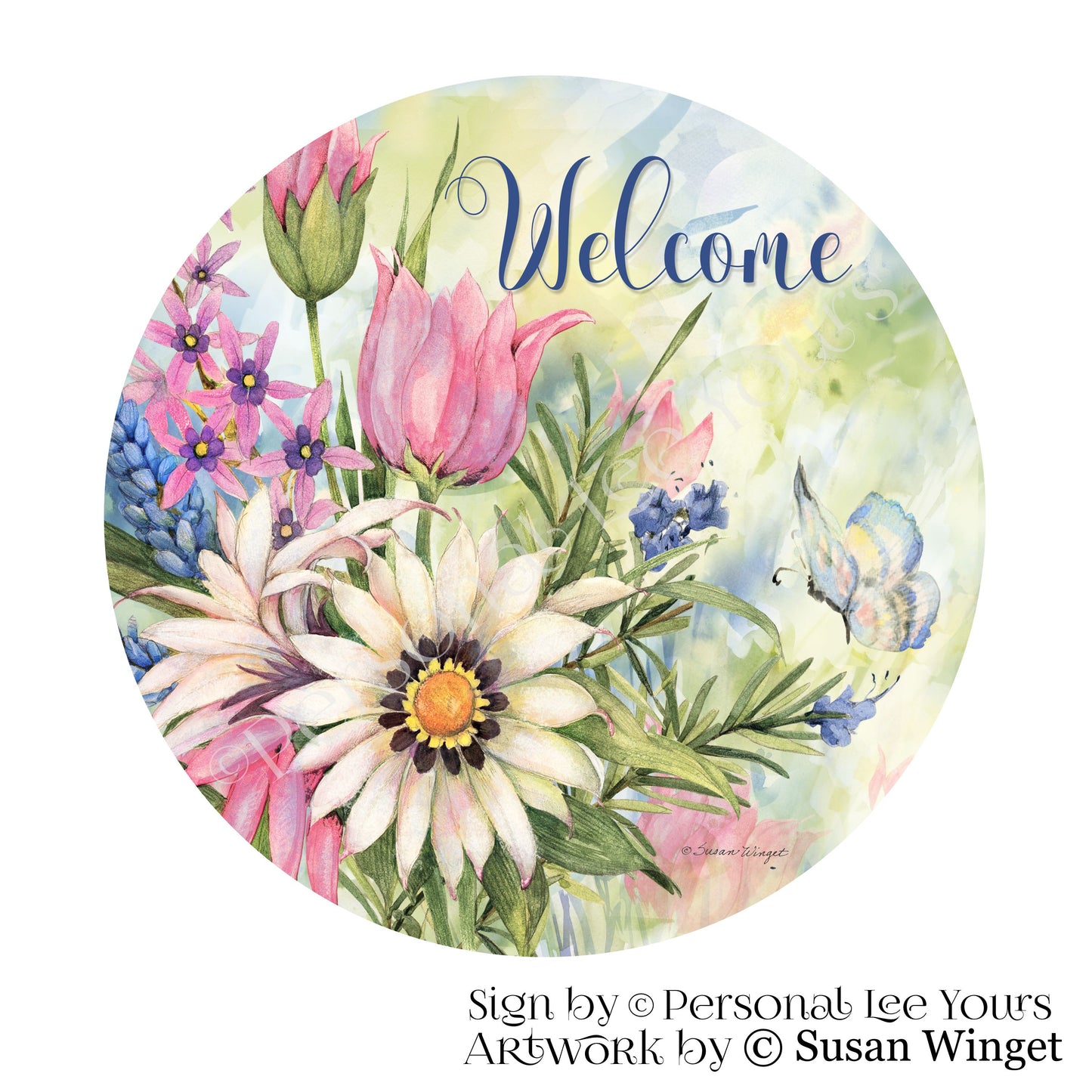 Susan Winget Exclusive Sign * Pastel Flower Welcome * Round * Lightweight Metal
