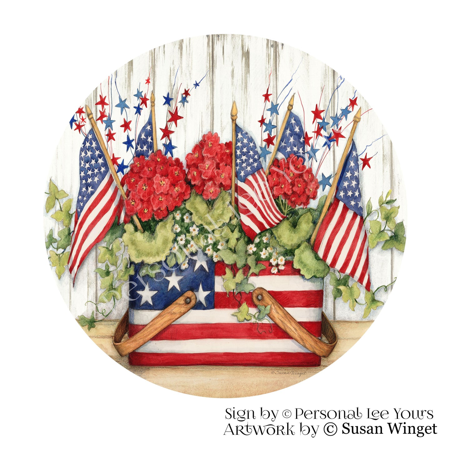 Susan Winget Exclusive Sign * Patriotic Basket * Round * Lightweight Metal