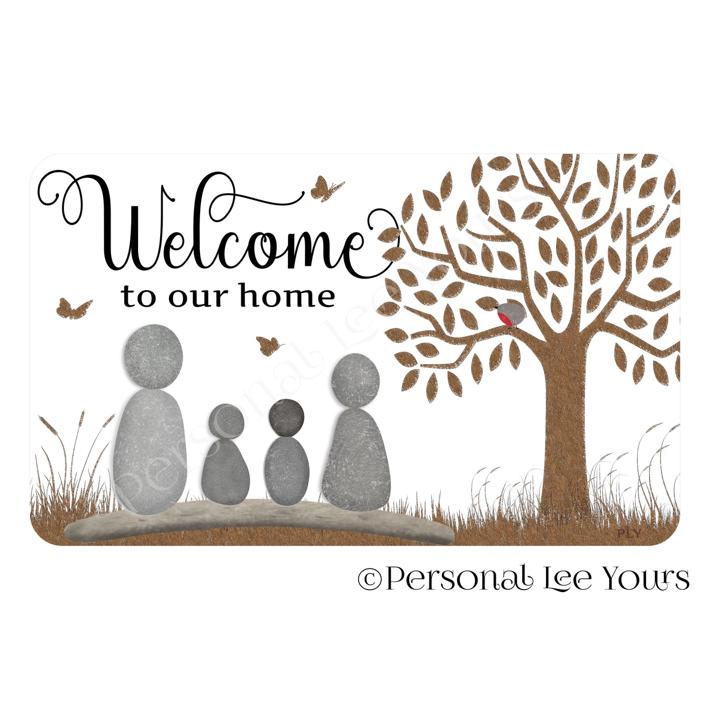 Welcome To Our Home Wreath Sign * Pebble Family of 4 * Horizontal * 3 Sizes * Lightweight Metal