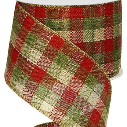 10 Yards 1.5 Wired Christmas Check Ribbon - Red, Green & Cream