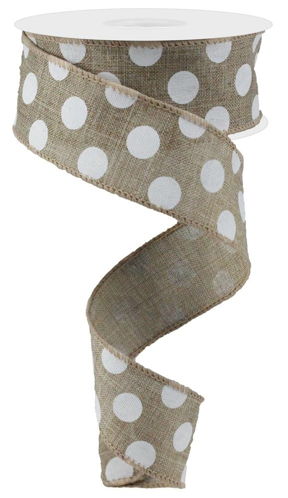 Wired Ribbon * Medium Polka Dot * Beige and White Canvas * 1.5" x 10 Yards * RG0120601