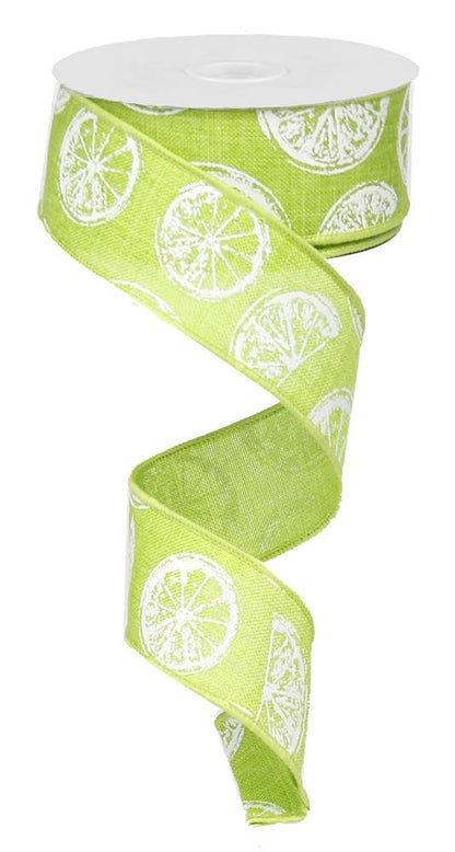 Wired Ribbon * Citrus * Lime Green and White Canvas * 1.5" x 10 Yards * RG01272WW