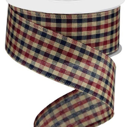 Wired Ribbon * Farmhouse Gingham Check * Navy, Burgundy and Tan Canvas * 1.5" x 10 Yards * RG013202E