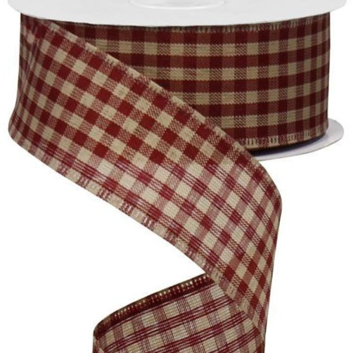 Wired Ribbon * Farmhouse Gingham Check * Red and Tan * 1.5" x 10 Yards * RG01320K9  * Canvas
