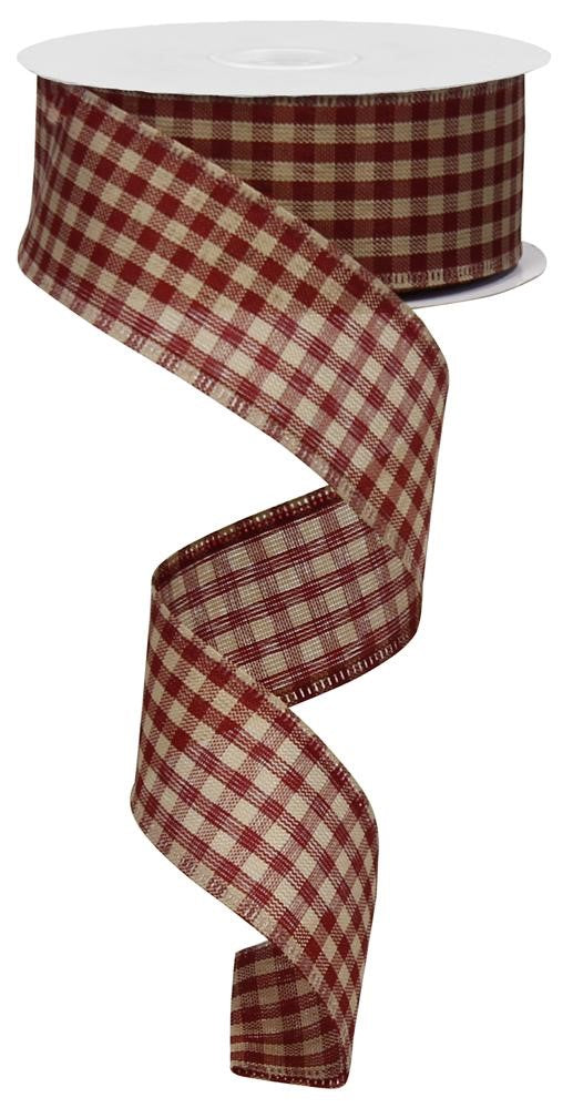 Wired Ribbon * Farmhouse Gingham Check * Red and Tan * 1.5" x 10 Yards * RG01320K9  * Canvas