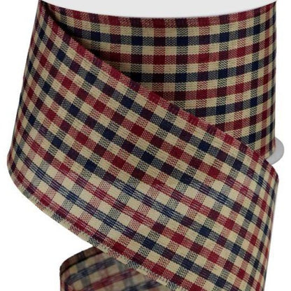 Wired Ribbon * Farmhouse Gingham Check * Navy, Burgundy and Tan Canvas * 2.5" x 10 Yards * RG013212E