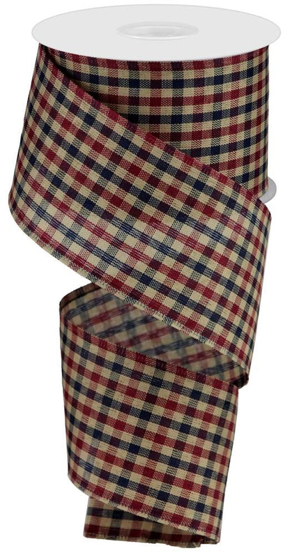 Wired Ribbon * Farmhouse Gingham Check * Navy, Burgundy and Tan Canvas * 2.5" x 10 Yards * RG013212E