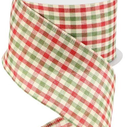 Wired Ribbon * Farmhouse Gingham Check * Red, Moss Green and Ivory Canvas * 2.5" x 10 Yards * RG013212F