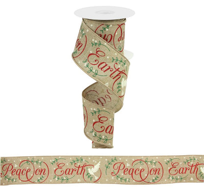 Holiday Wired Ribbon * Glitter Peace On Earth * Lt Beige, Green, Ivory and Red Glitter Canvas * 2.5" x 10 Yards * RG0137854