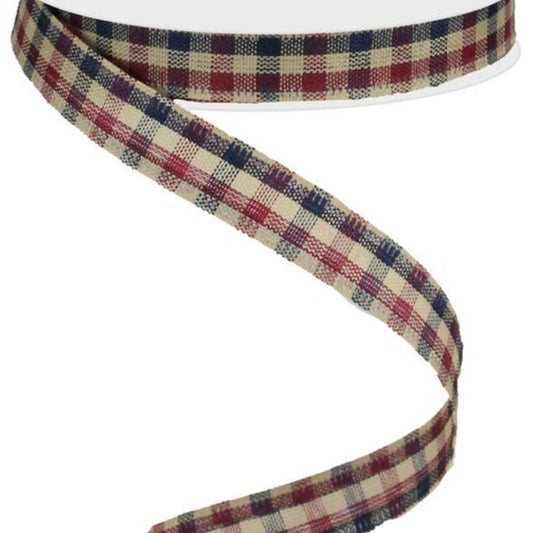 Wired Ribbon * Primitive Gingham Check * Navy, Burgundy and Tan Canvas * 5/8" x 10 Yards * RG01392E