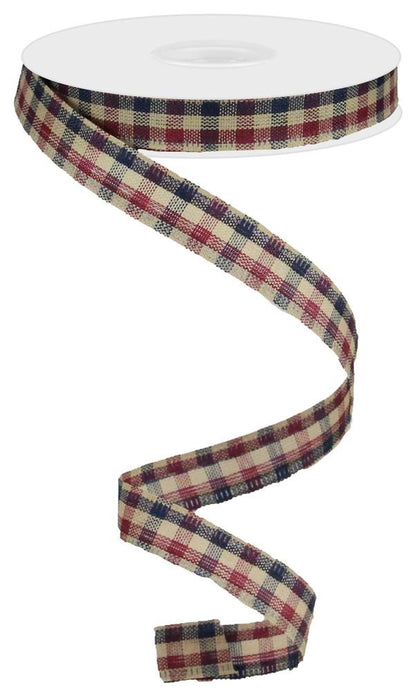 Wired Ribbon * Primitive Gingham Check * Navy, Burgundy and Tan Canvas * 5/8" x 10 Yards * RG01392E