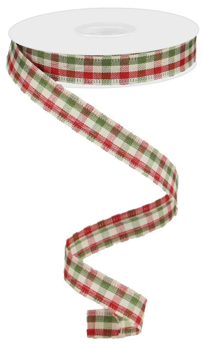 Wired Ribbon * Primitive Gingham Check * Red, Moss and Ivory Canvas * 5/8" x 10 Yards * RG013952F