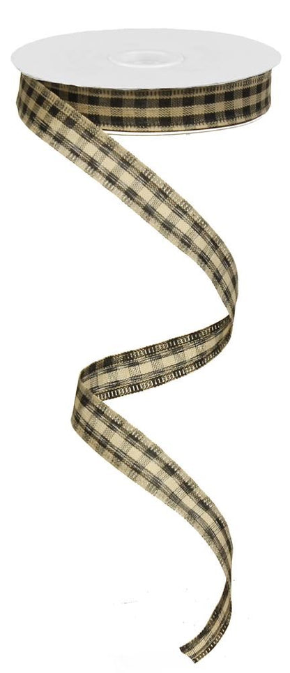 Wired Ribbon * Primitive Gingham Check * Black and Tan Canvas * 5/8" x 10 Yards * RG0139561