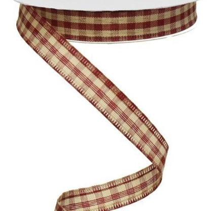 1.5 Wired Red & Beige Primitive Gingham Ribbon - 10 Yards