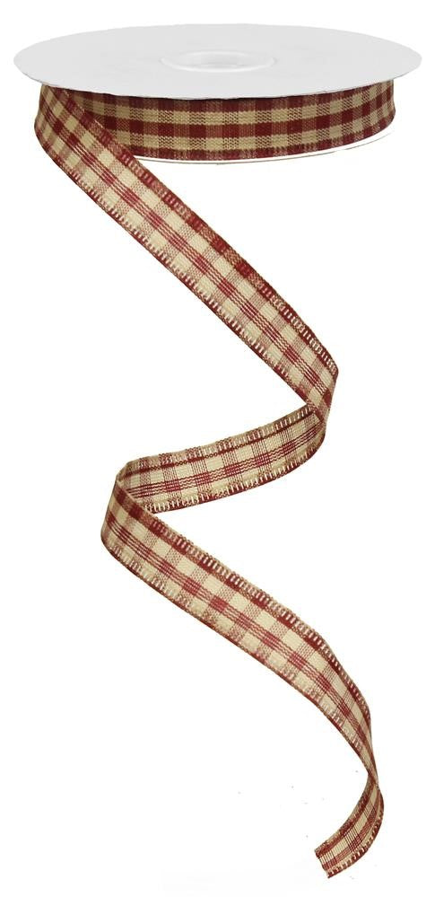 Wired Ribbon * Primitive Gingham Check * Red and Tan Canvas * 5/8