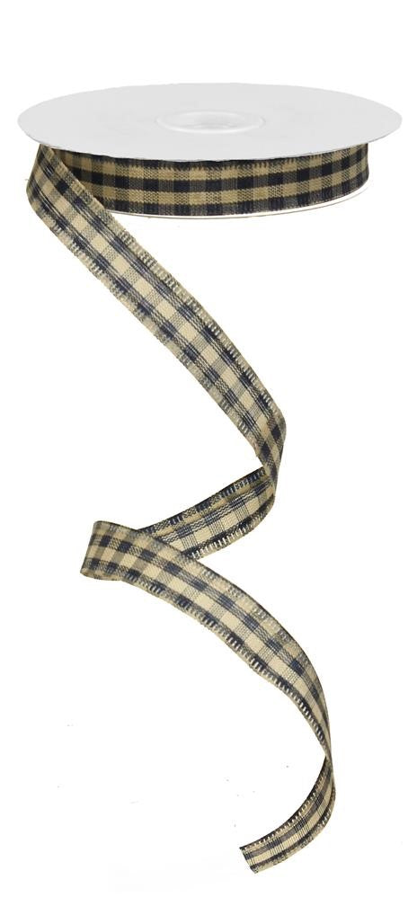 Wired Ribbon * Primitive Gingham Check * Navy Blue and Tan Canvas * 5/8" x 10 Yards * RG01395W2