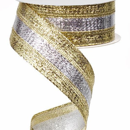 Wired Ribbon * 3-IN-1 Metallic Gold-Silver-Gold * 1.5" x 10 Yards Canvas * RG014022H