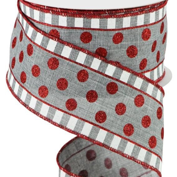Wired Ribbon * Glitter Stripes and Dots * Grey, White and Red * 2.5" x 10 Yards * RG0140510