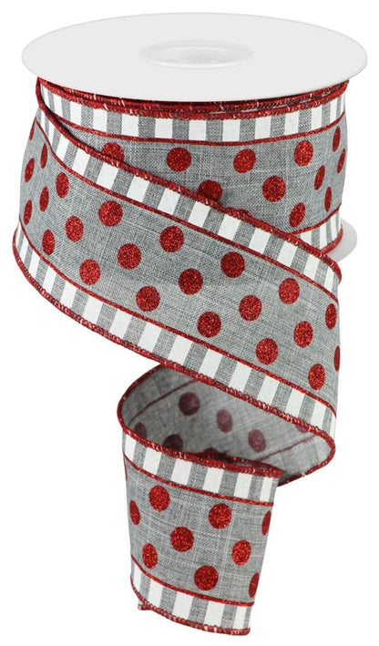 Wired Ribbon * Glitter Stripes and Dots * Grey, White and Red * 2.5" x 10 Yards * RG0140510