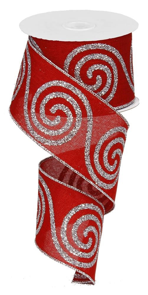 Wired Ribbon * Large Swirls * Glitter * Red and Silver Canvas * 2.5" x 10 Yards * RG01409E2