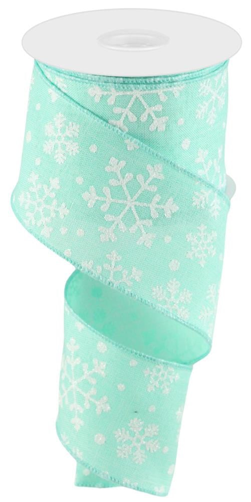 Wired Ribbon * Glitter Falling Snow * Mint and White Canvas * 2.5" x 10 Yards * RG01549AN