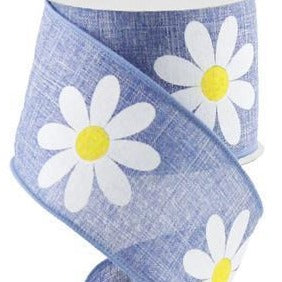 Wired Ribbon * Bold Daisy on Denim * Blue, Yellow and White * 2.5" x 10 Yards Canvas * RG0165003
