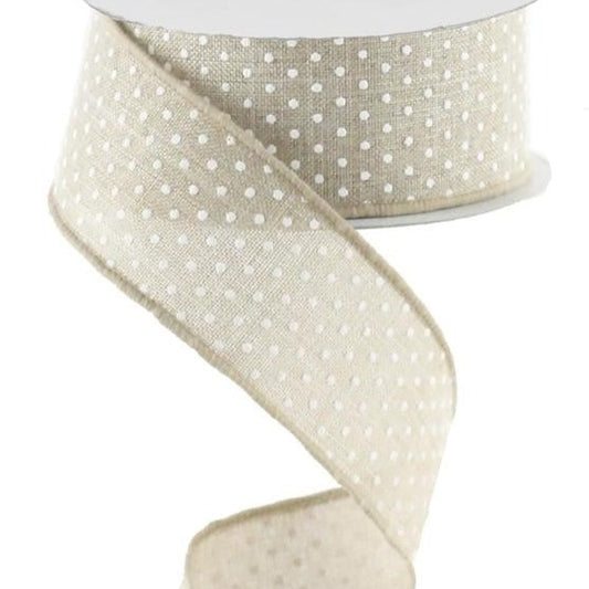 Wired Ribbon * Raised Swiss Dots * Natural and White Canvas * 1.5" x 10 Yards * RG0165118