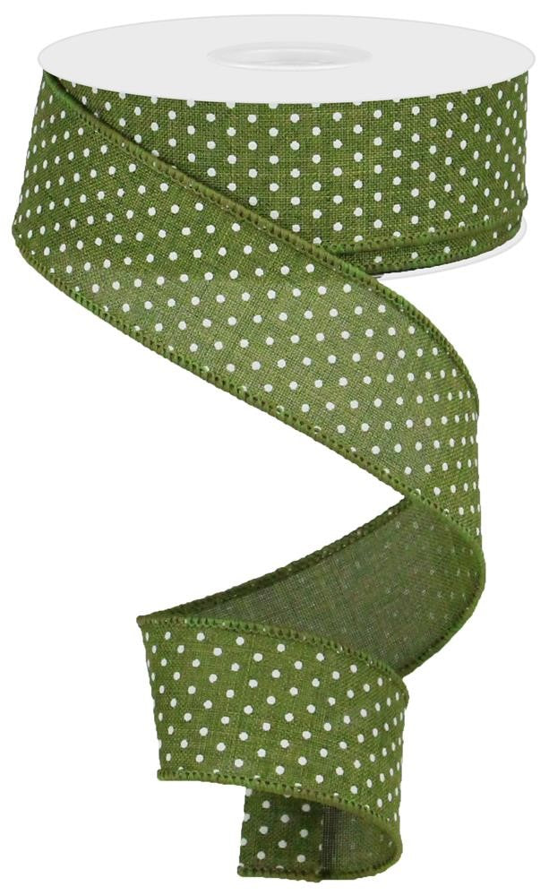 Wired Ribbon * Raised Swiss Dots * Moss and White Canvas * 1.5" x 10 Yards * RG0165144